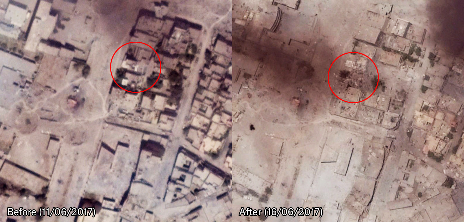 Comparison of satellite imagery available on Google Earth. Right shows evidence of a residential building being struck in the vicinty of the petrol station mentioned by Nineveh Media Centre.