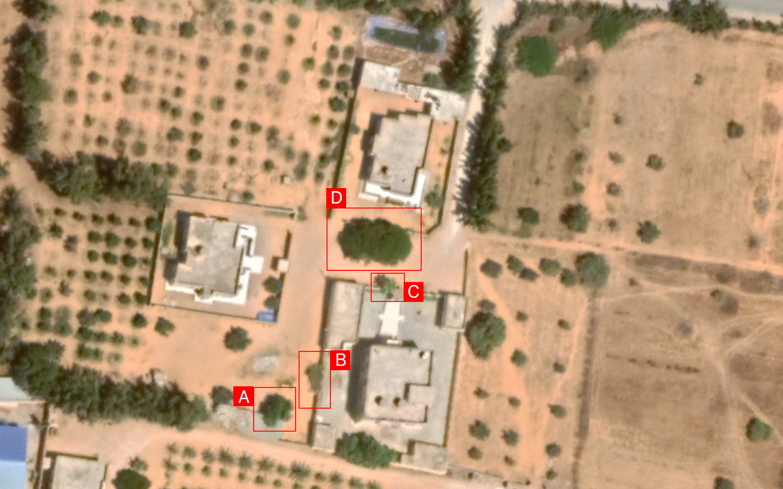 Satellite imagery showing the distribution of buildings tagged in the visual material from sources.