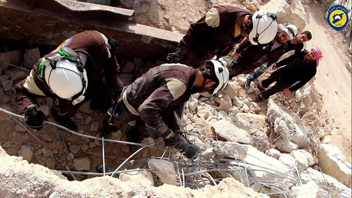 The White Helmets attempt to search for the missing following an airstrike on Abidien hospital, Abidien, 22nd April 2017. (via Idlib civil defence)