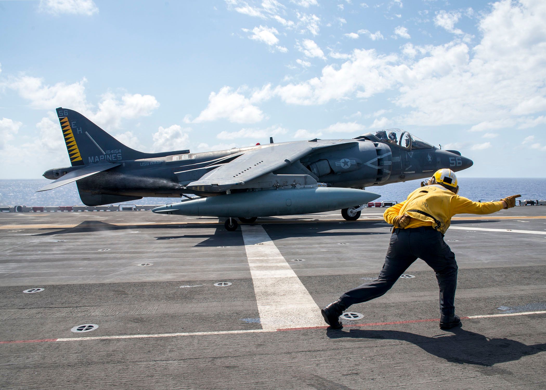 160824-N-VK310-041 MEDITERRANEAN SEA (Aug. 24, 2016) An AV-8B Harrier, from the 22nd Marine Expeditionary Unit (MEU), takes off from the flight deck of the amphibious assault ship USS Wasp (LHD 1) Aug. 24, 2016. The 22nd MEU, embarked on Wasp, is conducting precision air strikes in support of the Libyan Government of National Accord-aligned forces against Daesh targets in Sirte, Libya, as part of Operation Odyssey Lightning. (U.S. Navy photo by Mass Communication Specialist 3rd Class Michael Molina/Released)