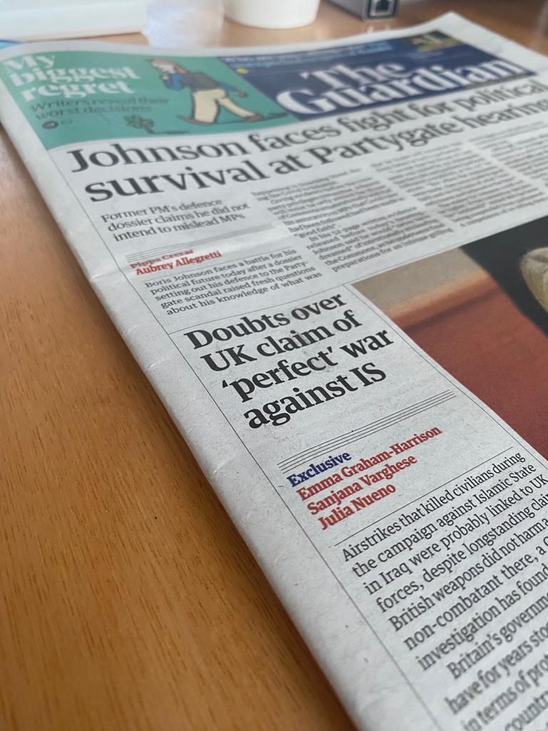 Airwars' article featured on the front page of The Guardian