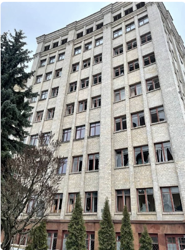 Damage caused by the attack on the Kharkiv Regional State Administration on March 1, 2022. (Image posted by Suspilne Kharkiv via Telegram)
