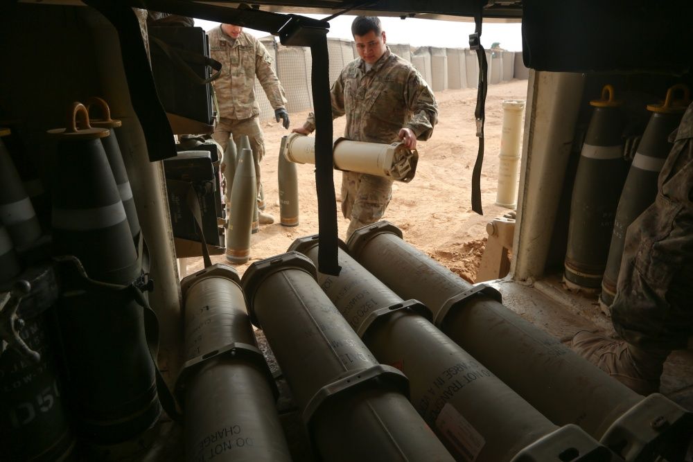 Ammunition used to conduct a fire mission on a M109A6 Paladin howitzer at Al Asad Air Base, Iraq, Jan. 2, 2017 (US Army)