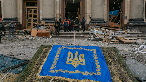 Damage caused by the attack on the Kharkiv Regional State Administration on March 1, 2022. (Image posted by Suspilne Kharkiv via Telegram)