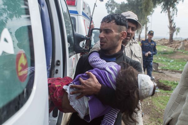 The little girl brought to the ambulance on the 15 of March, allegedly taken out of the rubbles of her house, in Mahatta, hit by an airstrike on the 14 of March © Jérémy André