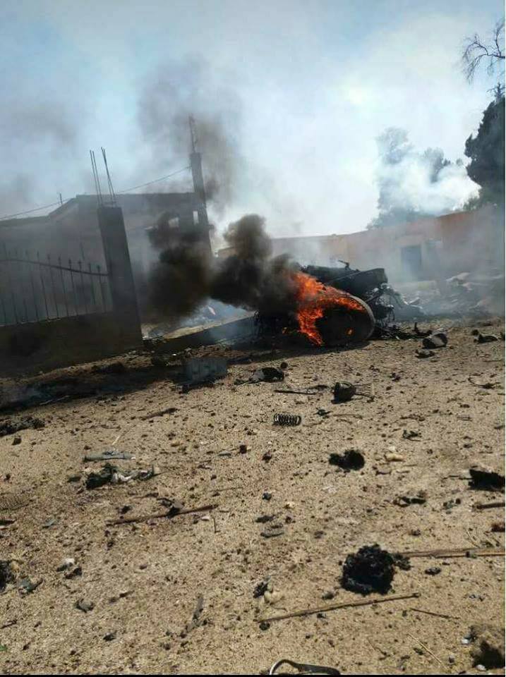 'A picture showing the remains of the water tank targeted by the coalition's international flight yesterday in the village of Al-Tawatah, where a civilian man was wounded by shrapnel in the leg' (via Euphrates Post)