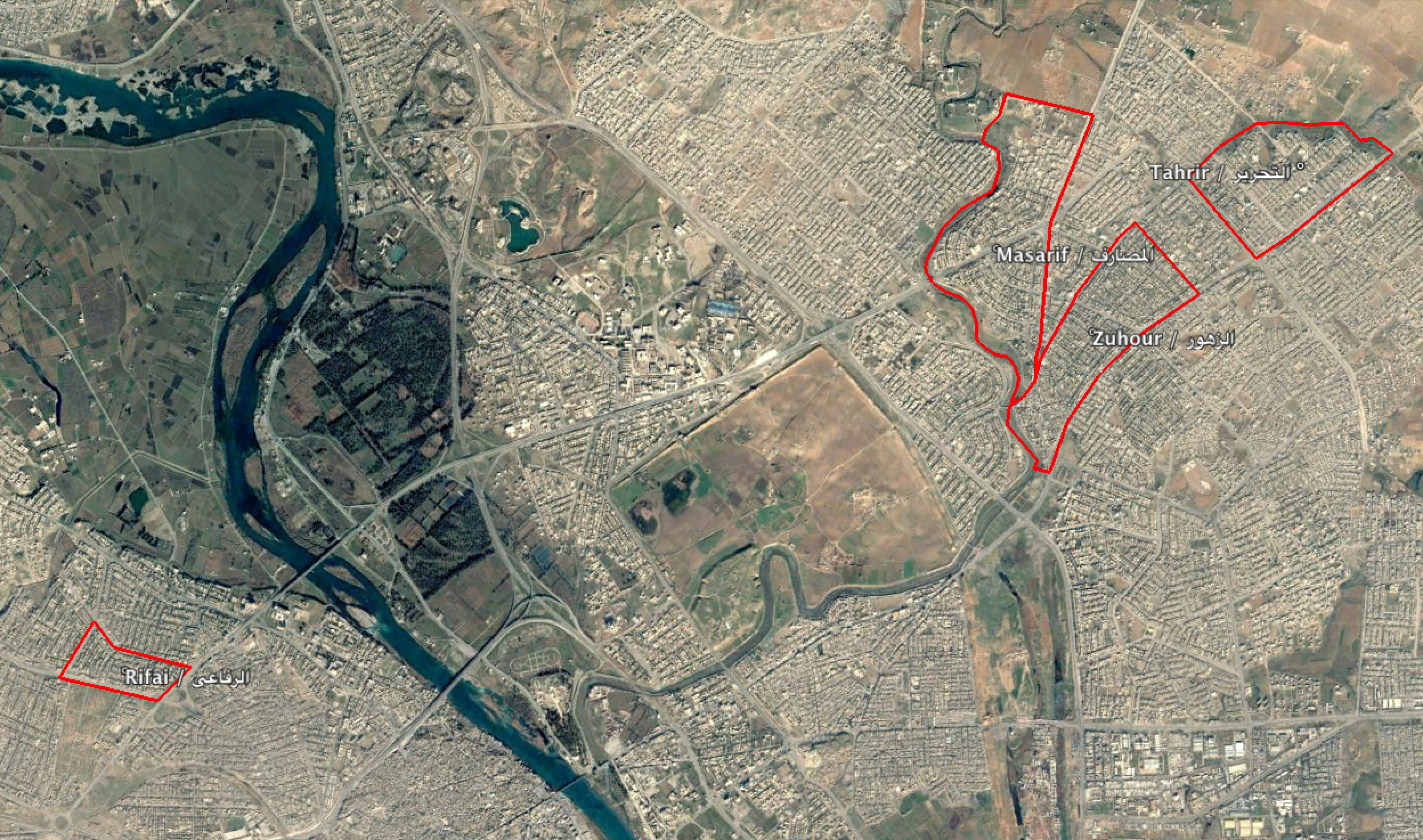 Neighbourhoods of Al Zuhour (الزهور), Tahrir (التحرير), Masarif (المصارف) and Rifai (الرفاعي) in the city of Mosul