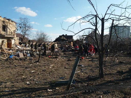 Damage from an alleged Russian cluster bomb on March 17, 2022. (Image posted by @TRTRussian)