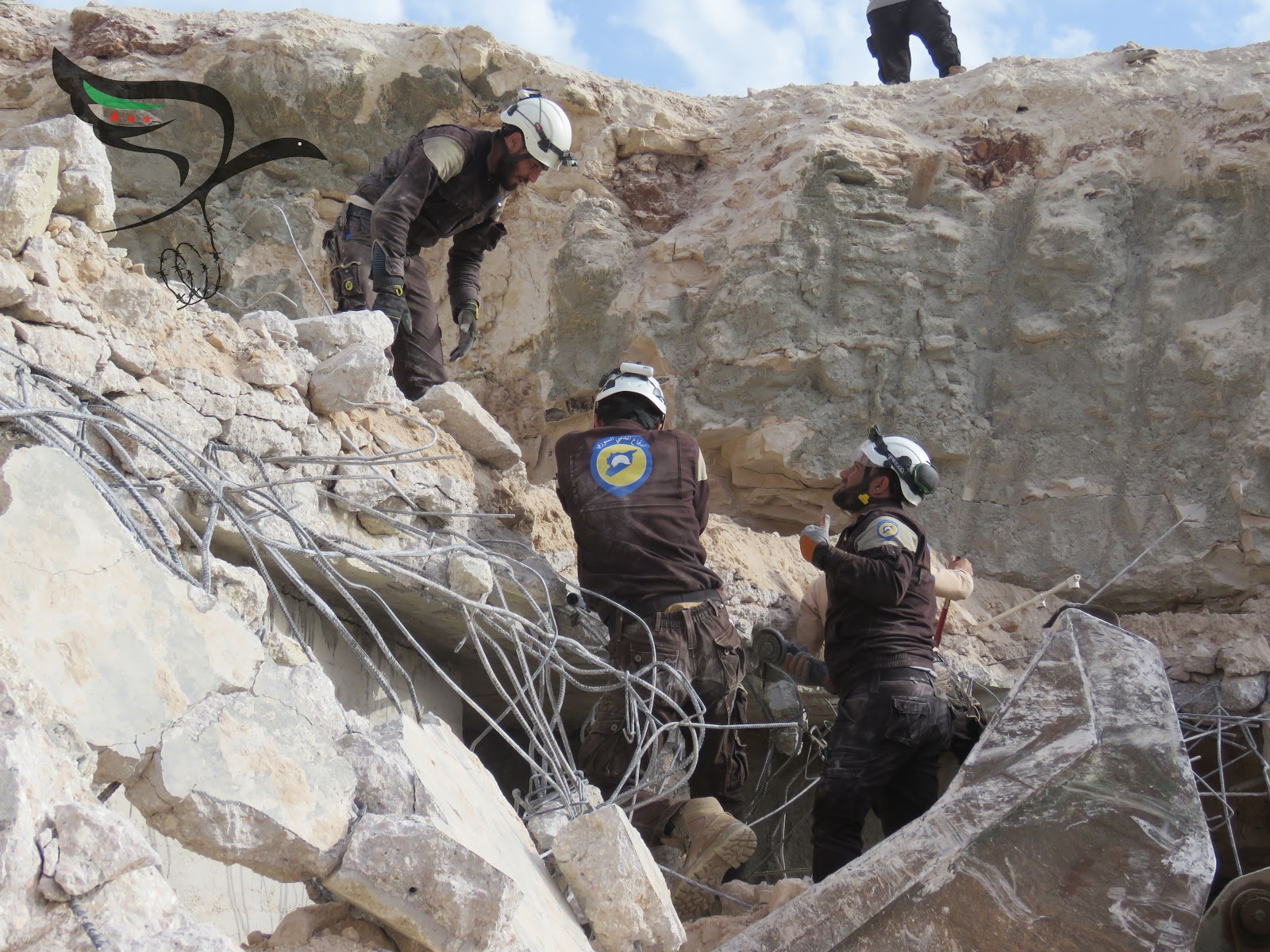 The White Helmets attempt to search for the missing following an airstrike on Abidien hospital, Abidien, 22nd April 2017. (via SHCR)