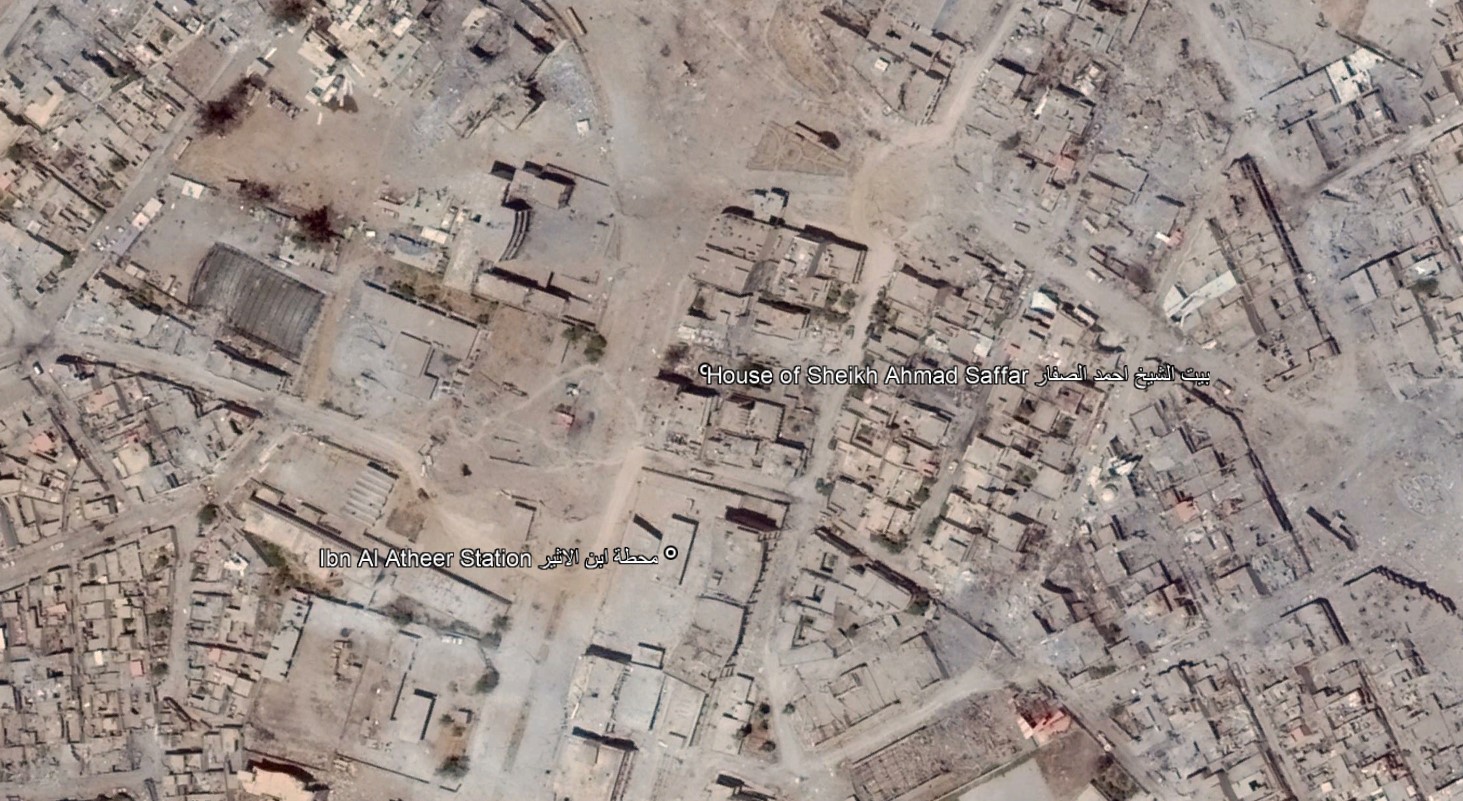 Reports of the incident mention a residential building being struck in the Al Shifa neighbourhood (حي الشفاء) of western Mosul (الموصل‎). Analyzing visual material from Nineveh Media Centre, who provided a screenshot of the location, we were able to verify geolocate both Ibn Al Atheer Station (محطة ابن الاثير), and the house of Sheikh Ahmad Saffar (بيت الشيخ احمد الصفار).