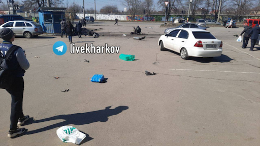 Aftermath of alleged Russian shelling of humanitarian aid line in Kharkiv on March 24, 2022. (Image posted by Kh.depo.ua)