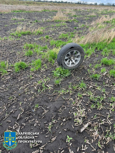Remnants of a vehicle blown up by an alleged Russian mine in Kharkiv on May 6, 2022. (Image posted by the Kharkiv Regional Prosecutor's Office)