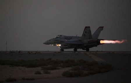 A U.S. Marine Corps F/A-18 Hornet from Marine Fighter Attack Squadron 232, Special Purpose Marine Air-Ground Task Force—Crisis Response—Central Command, launches for a strike mission in Southwest Asia, June 10, 2015. Pilots of VMFA-232 support Combined Joint Task Force – Operation Inherent Resolve with a combination of surveillance flights and kinetic strike missions, enabling Iraqi Security Forces in their fight against the Islamic State of Iraq and the Levant. (U.S. Marine Corps Photo by Cpl. Leah Agler)