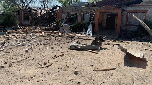 " The aftermath of the shelling of Kalynove village in Zolochyvka district, May 8, photo: Viktor Kovalenko". Source: Kharkiv Human Rights Protection Group