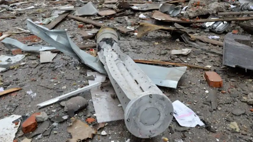 Image showing what looks to be a rocket following Russian shelling of Kharkiv on March 24, 2022. (Image posted by 24tv.ua)
