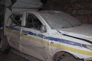 Damage to a vehicle used by SCD as a result of the Russian warplanes targeting their center in Tal Menas, Idlib, Syria on January 25th, 2020 (via @media_idlib)