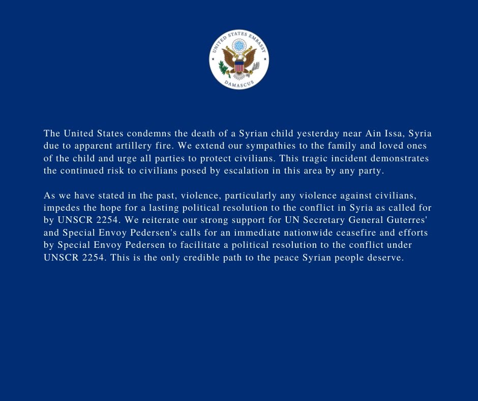US Embassy in Syria statement about the death of the chilld.