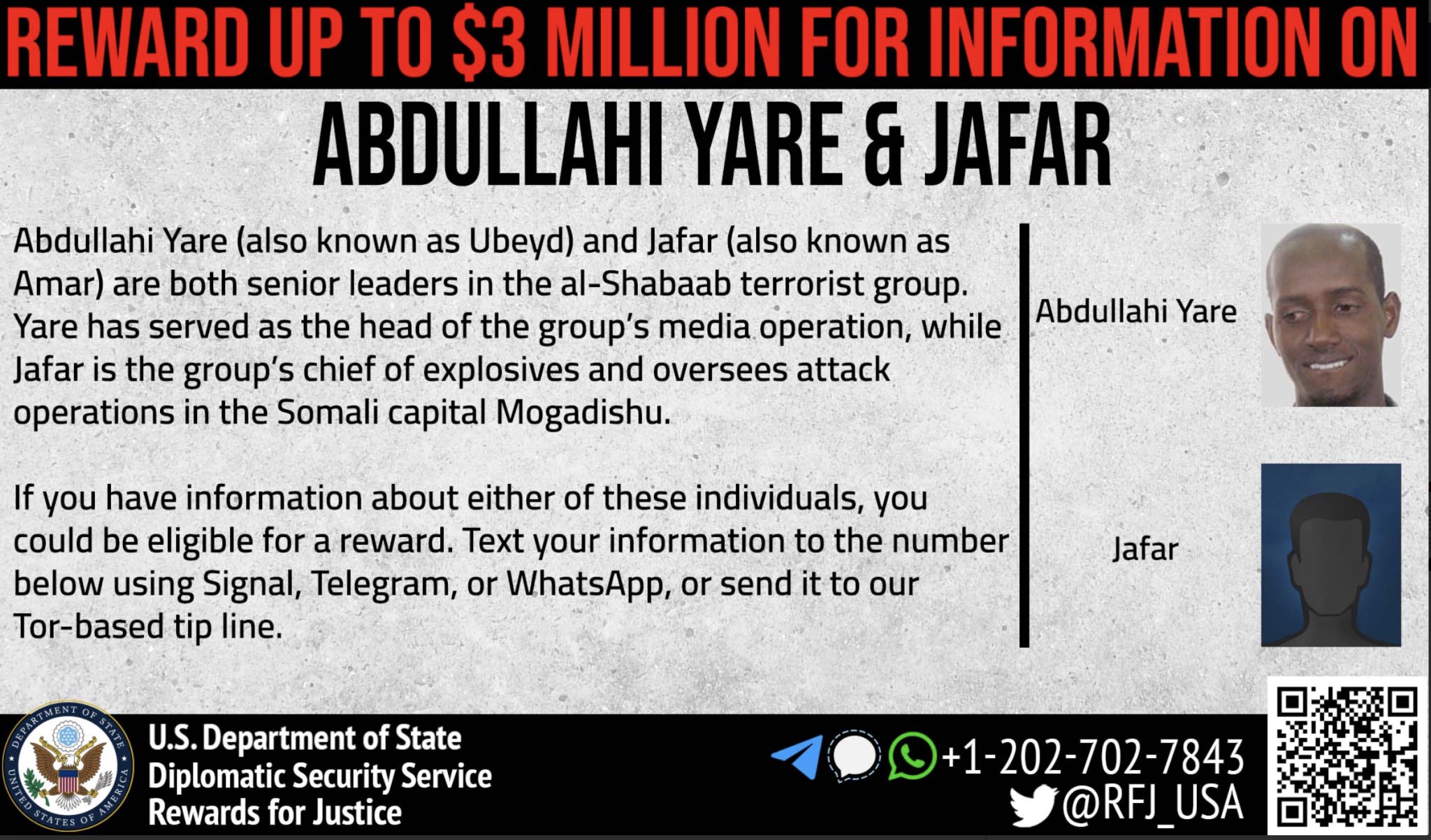 Wanted posted for Abdullahi Yare, leader of al-Shabaab allegedly killed by a US-Somali airstrike near Haramka on October 3, 2022. (Image posted by Long War Journal)