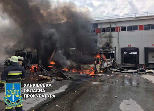 Damage to an enterprise caused by alleged Russian shelling of Korotych on April 22, 2022. (Image posted by Kharkiv Times)