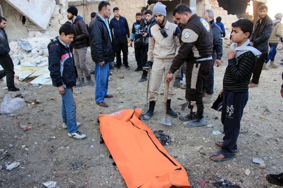 The White Helmets at the scene of an airstrike on Al Sukkari which they said killed eight civilians (via White Helmets)