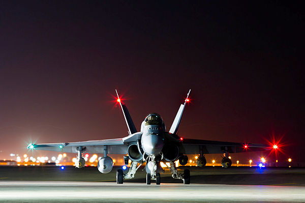 A Royal Australian Air Force F/A-18A Hornet prepares to depart on a mission to strike a Deash headquarters compound in Mosul, Iraq, from Australia’s main air operating base in the Middle East region. (Aus MoD)