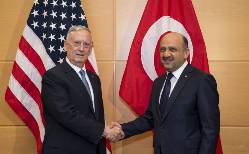 Secretary of Defense Jim Mattis meets with Turkish Minister of National Defense Fikri Isik at the NATO Headquarters in Brussels, Belgium, Feb. 15, 2017. (DOD photo by U.S. Air Force Tech. Sgt. Brigitte N. Brantley)