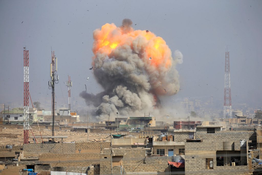 A March 2017 airstrike during the battle for Mosul against Islamic State. While the US-led Coalition has admitted almost 1,400 civilian deaths during the war, European allies have remained almost silent about their own responsibility. (Via Reuters/ Alaa Al-Marjani)